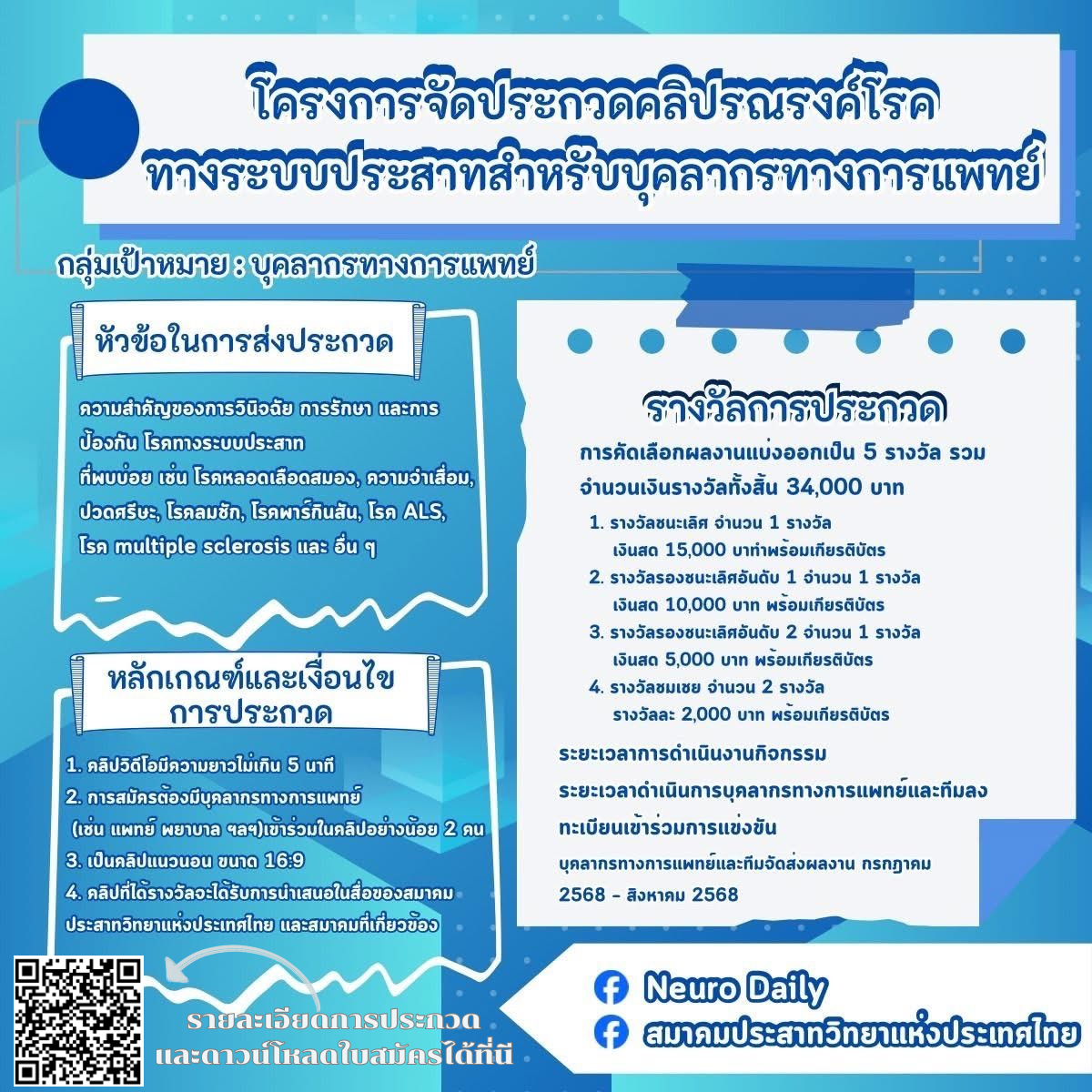 เชิญชวนเข้าร่วมการประกวดคลิปวิดีโอ “รณรงค์โรคทางระบบประสาท”สำหรับบุคลากรทางการแพทย์ ประจำปี 2568